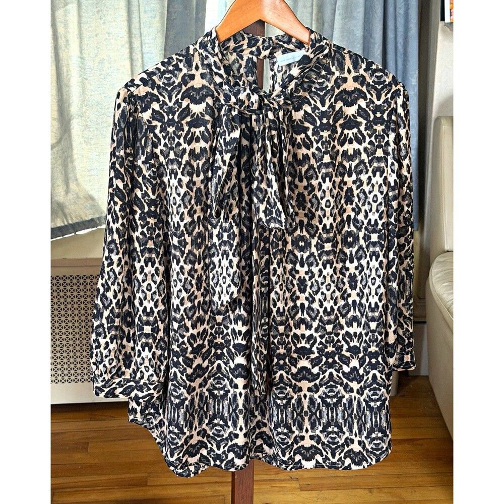 New York & Company Women's XL Beige Black Animal Print Long Sleeve Bow Blouse